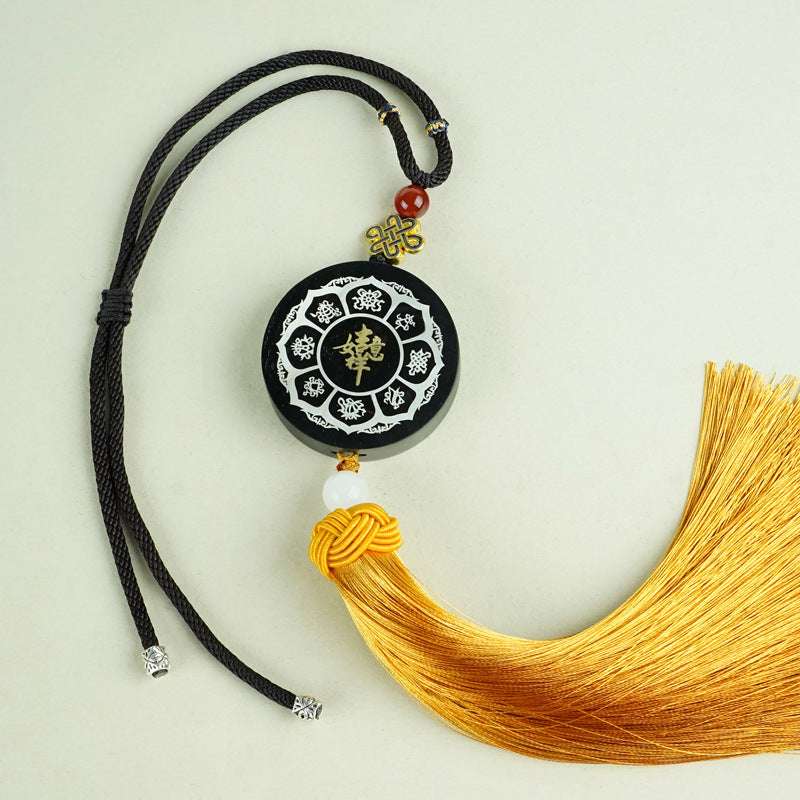 DIY Ebony & Silver Inlaid Buddhist Eight Treasures Car Hanging Ornament with Macassar Ebony and Exquisite Inlay Work - Oriental Culture Shop