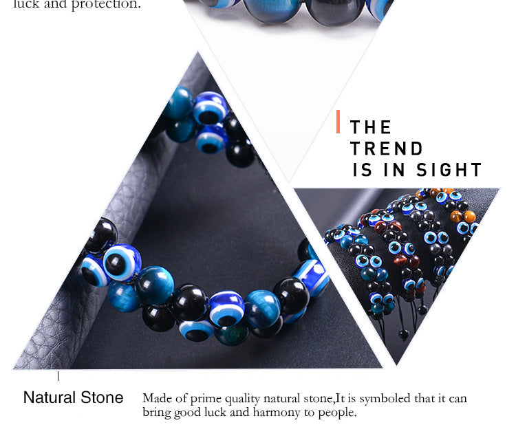 Evil Eye Tiger's Eye and Hematite Double-Layer Braided Bracelet with Natural Stones