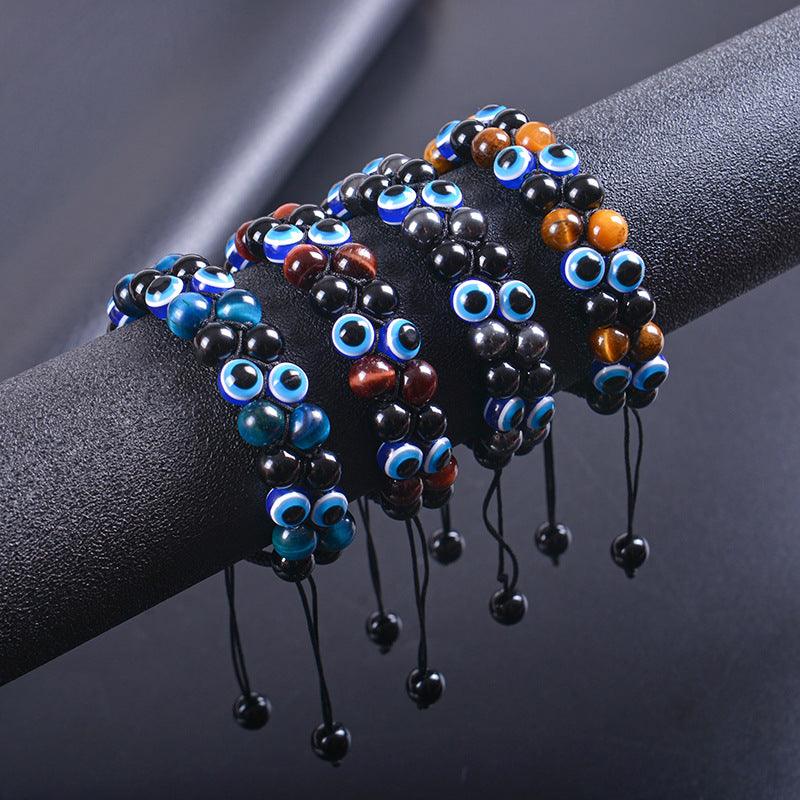 Evil Eye Tiger's Eye and Hematite Double-Layer Braided Bracelet with Natural Stones - Oriental Culture Shop