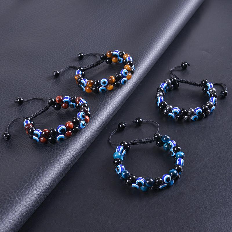 Evil Eye Tiger's Eye and Hematite Double-Layer Braided Bracelet with Natural Stones - Oriental Culture Shop