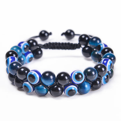 Evil Eye Tiger's Eye and Hematite Double-Layer Braided Bracelet with Natural Stones