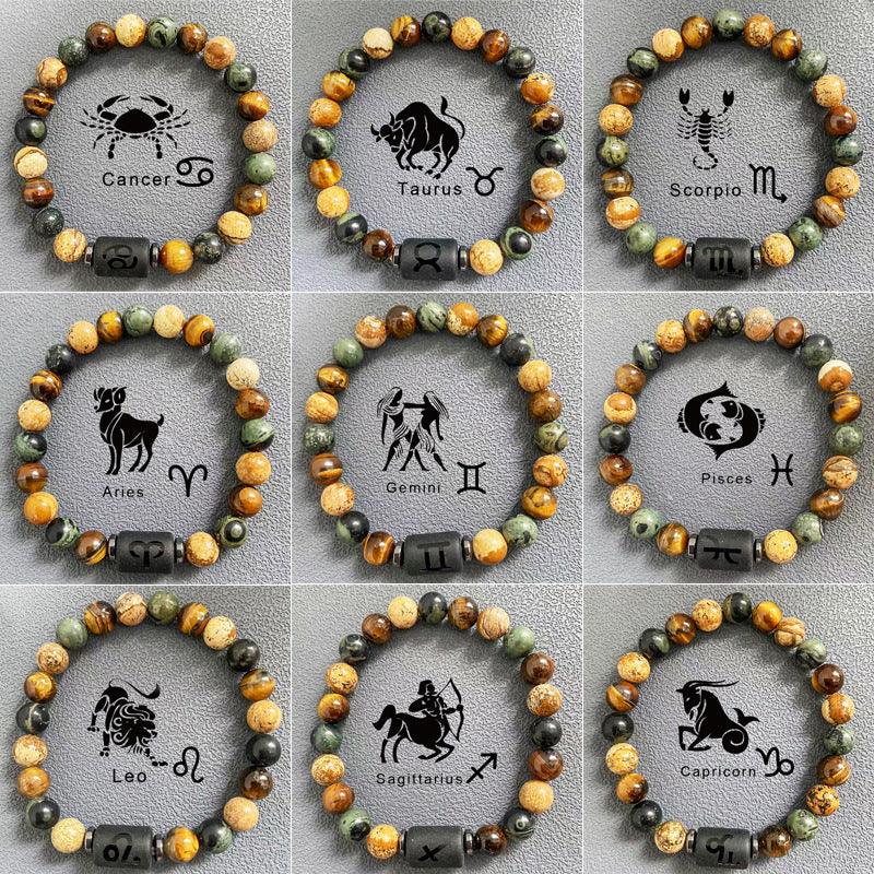 Natural obsidian, fire element, earth element in FengShui, twelve Constellations theme bracelet, Tiger Eye stone, beaded bracelet - Oriental Culture Shop