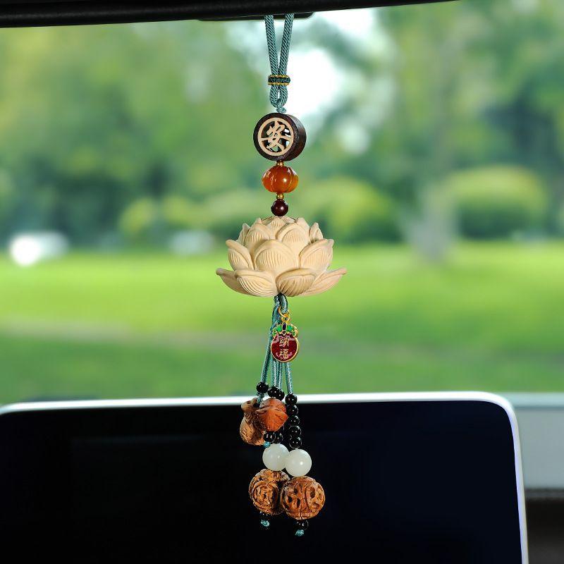 Protective talisman, amulet, churinga, periapt CarPray Peach-bodhi lotus shape car pendant, bless peace charm. - Oriental Culture Shop