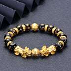Gold Pixiu bracelet, natural black agate bracelet, six-character Buddha beads. Attract wealth and bless peace. - Oriental Culture Shop