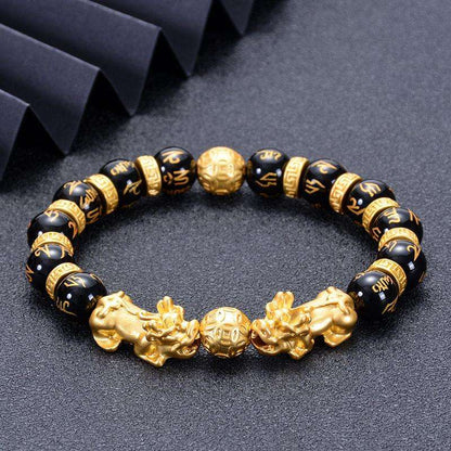 Gold Pixiu bracelet, natural black agate bracelet, six-character Buddha beads. Attract wealth and bless peace. - Oriental Culture Shop