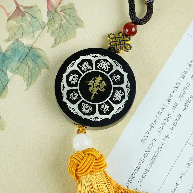 DIY Ebony & Silver Inlaid Buddhist Eight Treasures Car Hanging Ornament with Macassar Ebony and Exquisite Inlay Work - Oriental Culture Shop