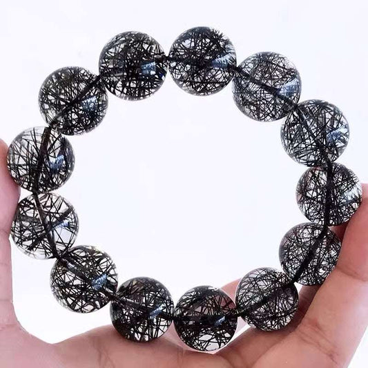 Brazilian Natural Titanium & Black hair Tourmaline Crystal Beaded Bracelet for Men and Women - Single Strand Black Crystal Jewelry - Oriental Culture Shop