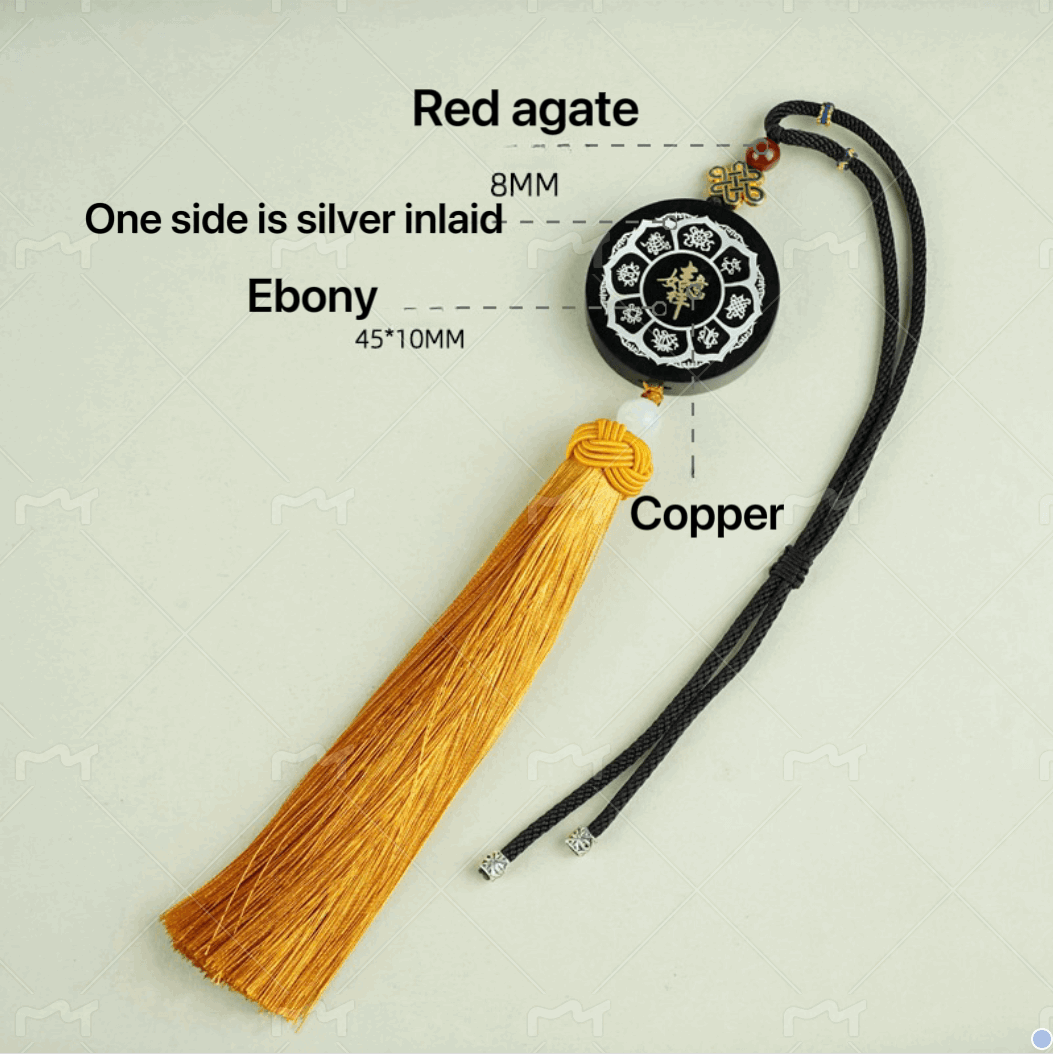DIY Ebony & Silver Inlaid Buddhist Eight Treasures Car Hanging Ornament with Macassar Ebony and Exquisite Inlay Work - Oriental Culture Shop