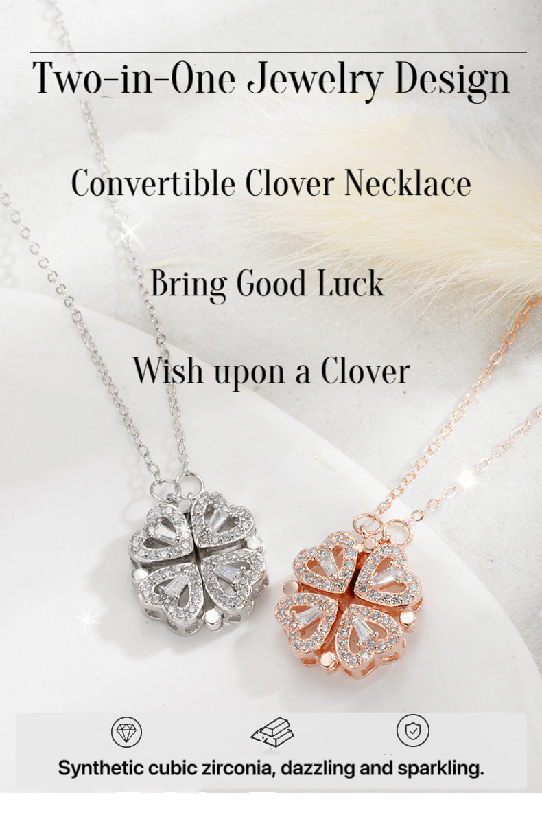 Double-Way Clover & Heart Necklace for girls Women – Convertible Elegance S925 Sterling Silver 🌟