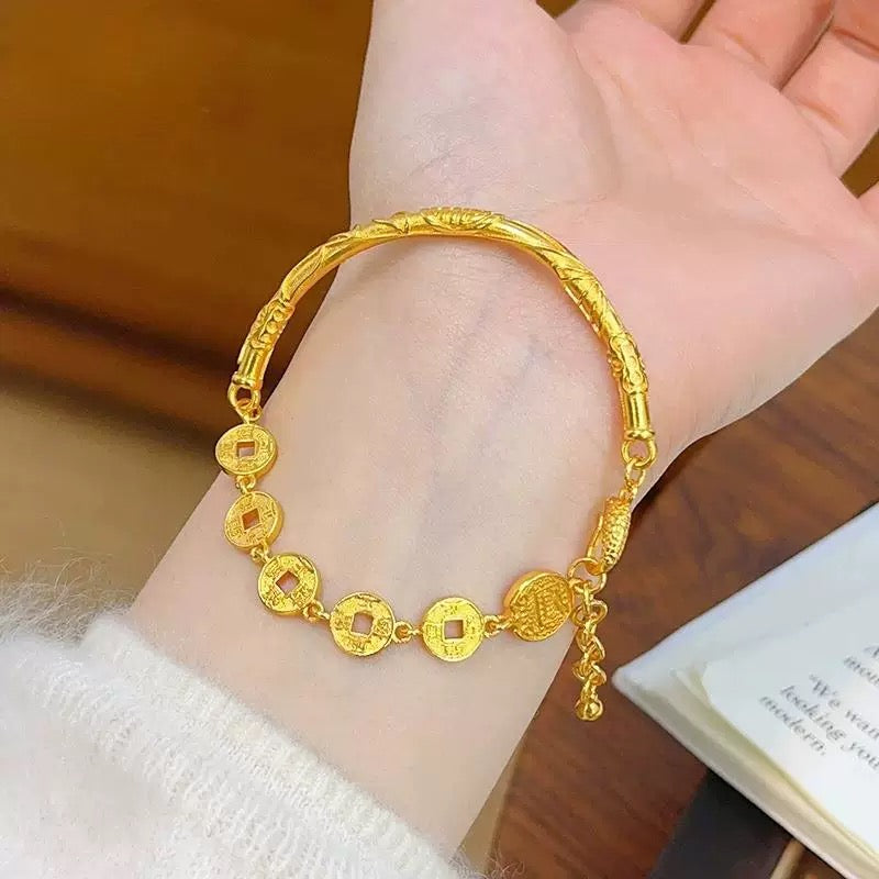 Dragon Year Fortune Semi-Bracelet - Vintage Chinese Alluvial Gold Jewelry with Auspicious Word Carvings - Oriental Culture Shop
