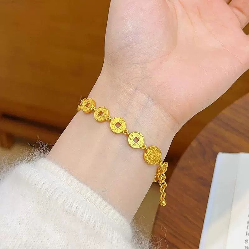 Dragon Year Fortune Semi-Bracelet - Vintage Chinese Alluvial Gold Jewelry with Auspicious Word Carvings - Oriental Culture Shop