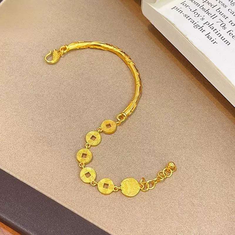 Dragon Year Fortune Semi-Bracelet - Vintage Chinese Alluvial Gold Jewelry with Auspicious Word Carvings - Oriental Culture Shop