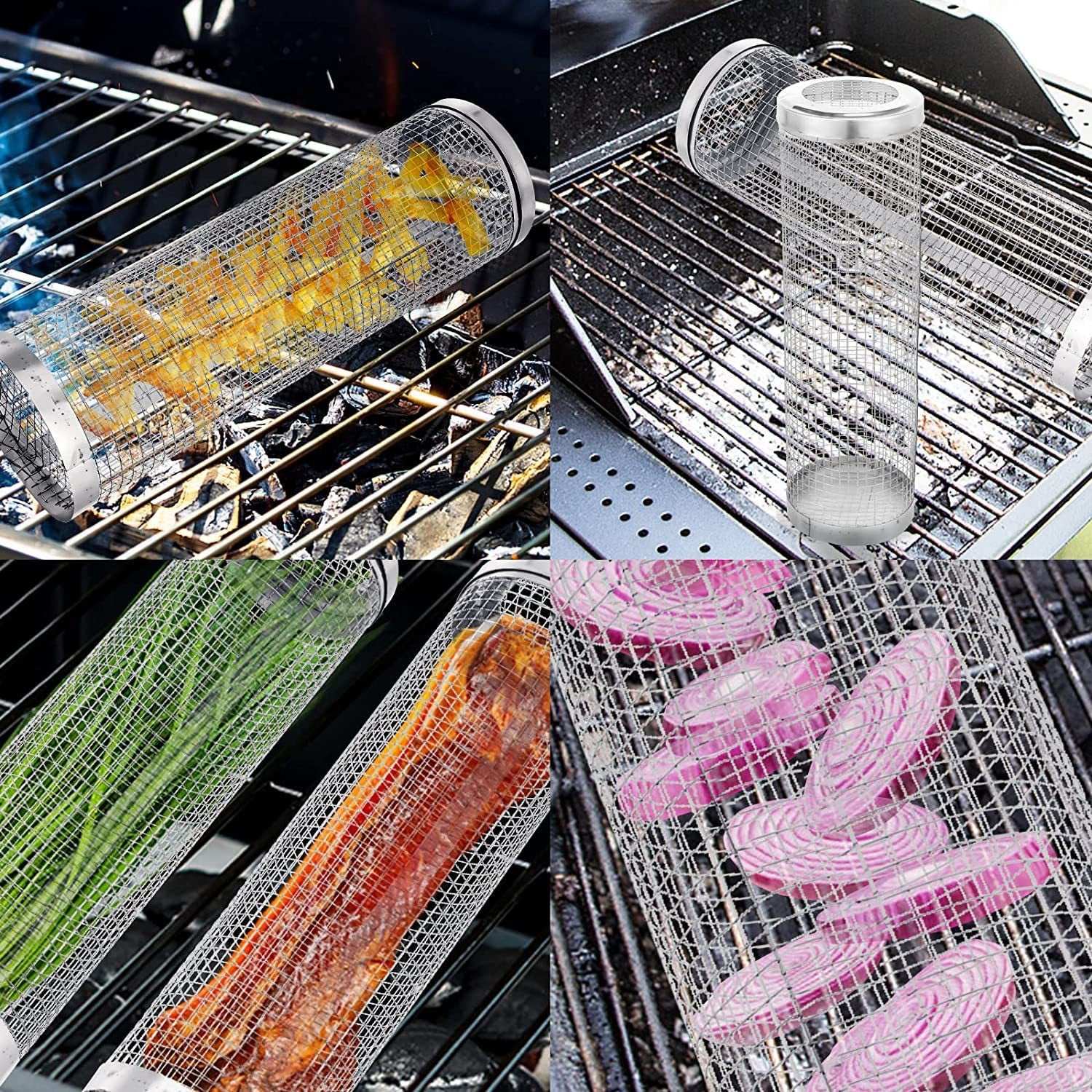 Hot Sale Portable Stainless Steel Round BBQ Grill Cage with Wooden Handle Outdoor Grilling Basket & Mesh for Cross-Border Sales
