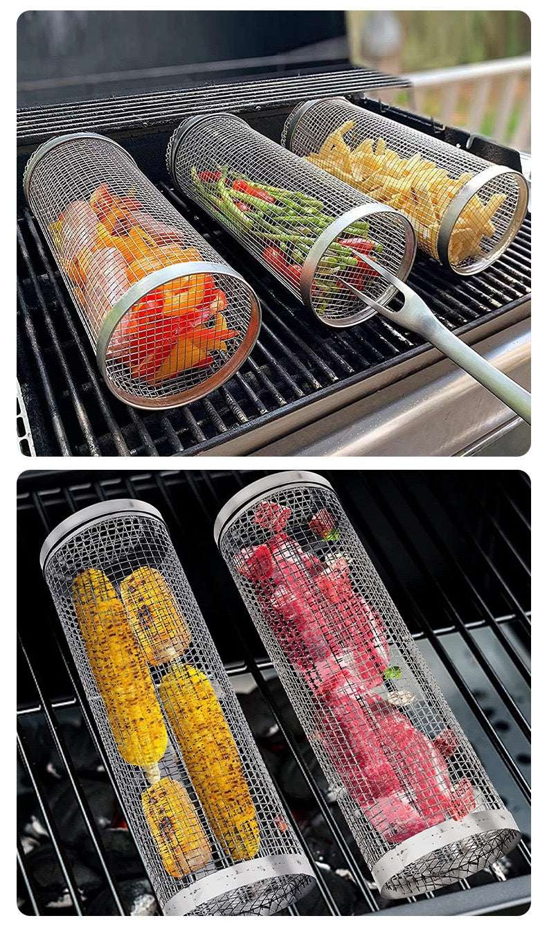 Hot Sale Portable Stainless Steel Round BBQ Grill Cage with Wooden Handle Outdoor Grilling Basket & Mesh for Cross-Border Sales