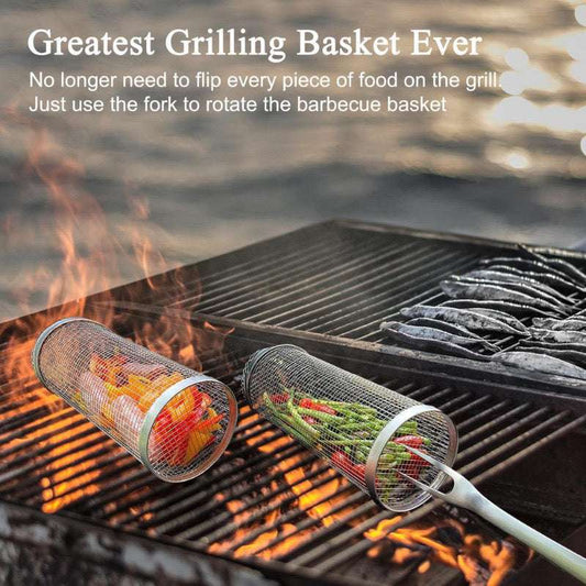 Hot Sale Portable Stainless Steel Round BBQ Grill Cage with Wooden Handle Outdoor Grilling Basket & Mesh for Cross-Border Sales