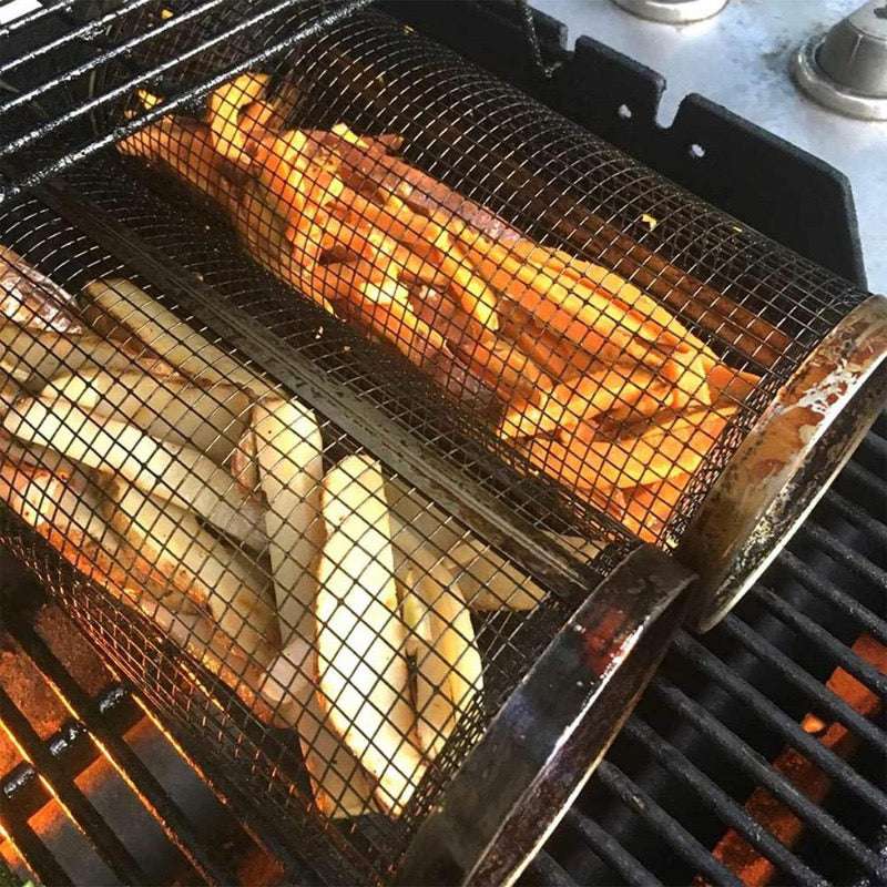 Hot Sale Portable Stainless Steel Round BBQ Grill Cage with Wooden Handle Outdoor Grilling Basket & Mesh for Cross-Border Sales