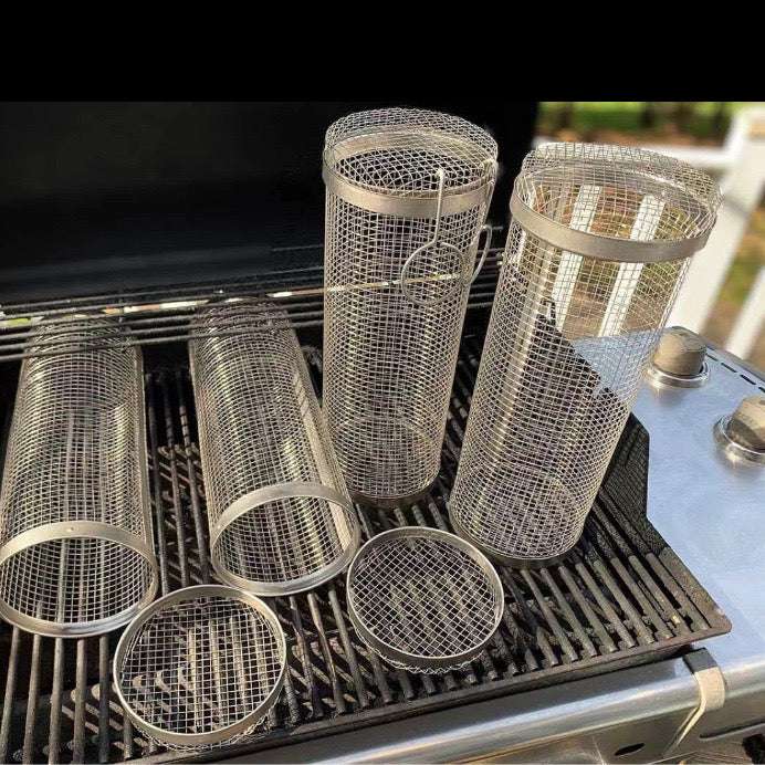 Hot Sale Portable Stainless Steel Round BBQ Grill Cage with Wooden Handle Outdoor Grilling Basket & Mesh for Cross-Border Sales