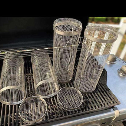 Hot Sale Portable Stainless Steel Round BBQ Grill Cage with Wooden Handle Outdoor Grilling Basket & Mesh for Cross-Border Sales