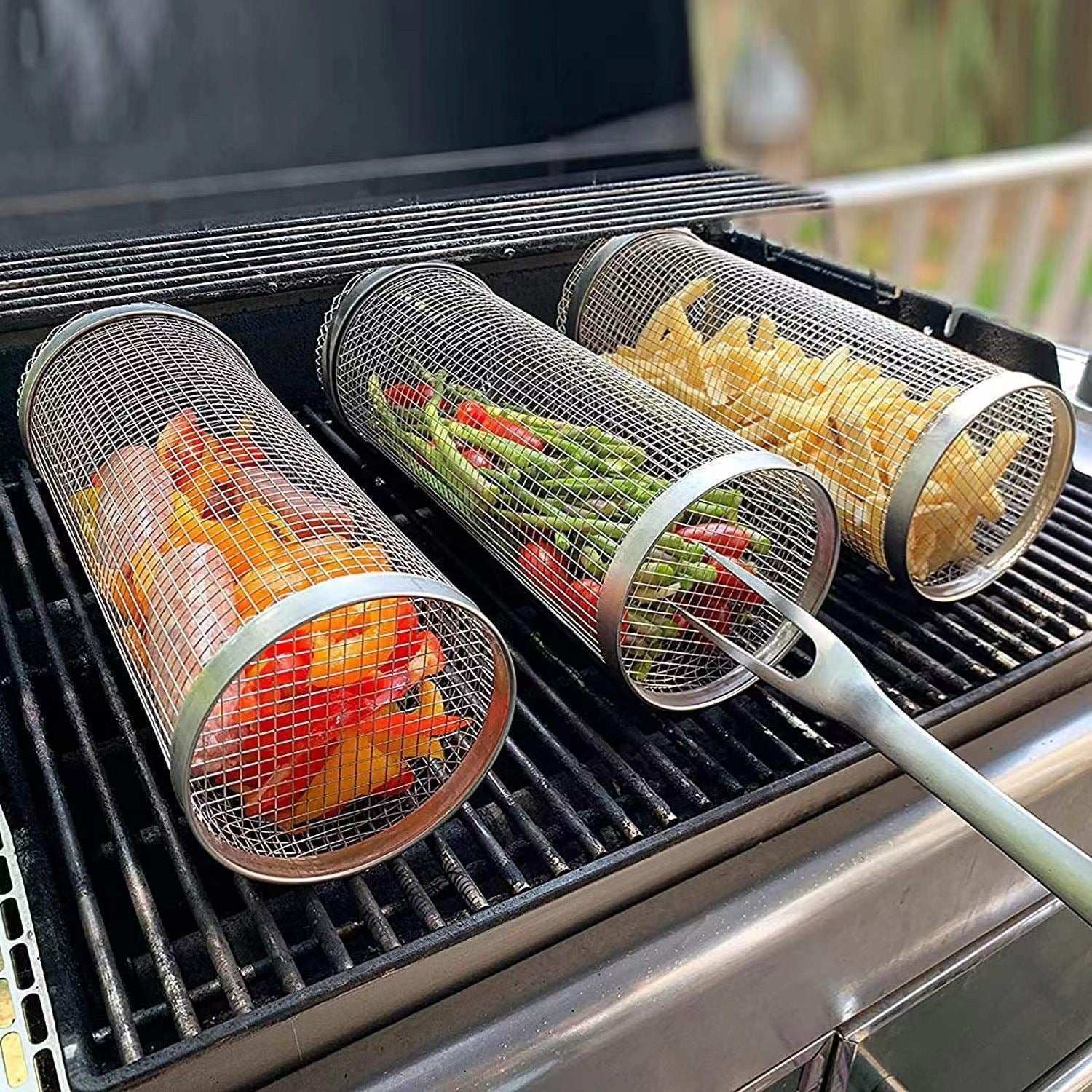 Hot Sale Portable Stainless Steel Round BBQ Grill Cage with Wooden Handle Outdoor Grilling Basket & Mesh for Cross-Border Sales