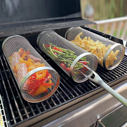 Hot Sale Portable Stainless Steel Round BBQ Grill Cage with Wooden Handle Outdoor Grilling Basket & Mesh for Cross-Border Sales