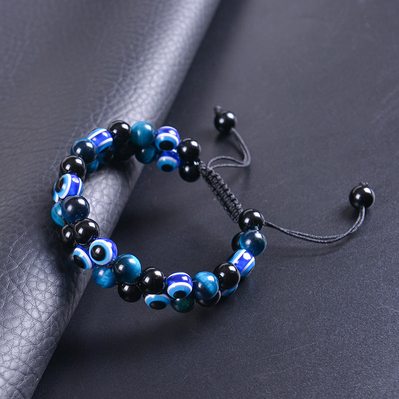 Evil Eye Tiger's Eye and Hematite Double-Layer Braided Bracelet with Natural Stones