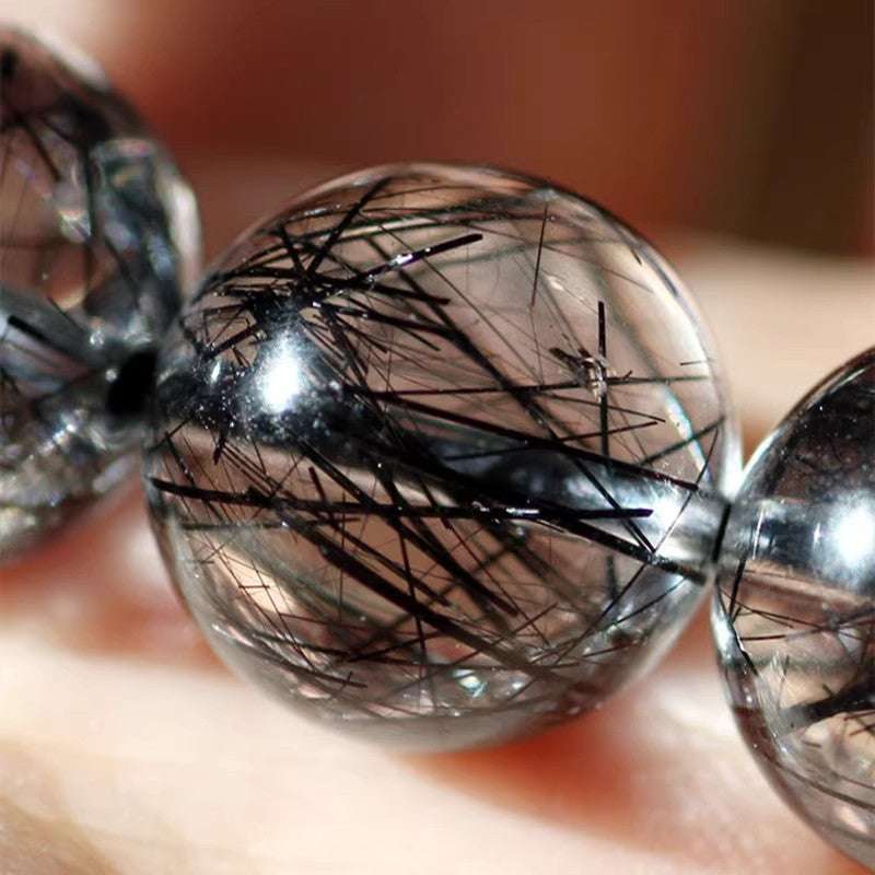 Brazilian Natural Titanium & Black hair Tourmaline Crystal Beaded Bracelet for Men and Women - Single Strand Black Crystal Jewelry - Oriental Culture Shop