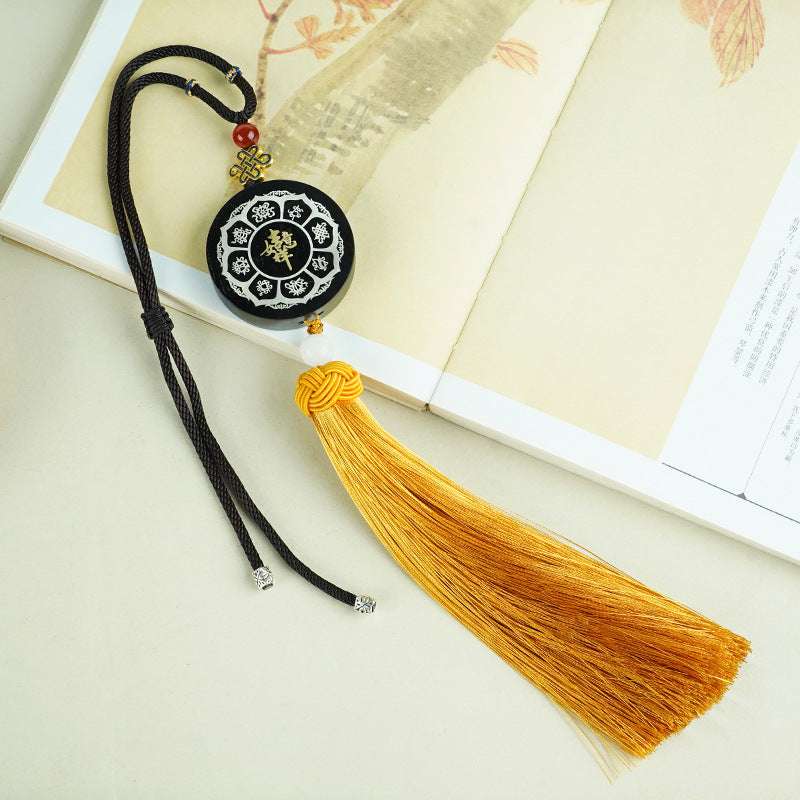 DIY Ebony & Silver Inlaid Buddhist Eight Treasures Car Hanging Ornament with Macassar Ebony and Exquisite Inlay Work - Oriental Culture Shop