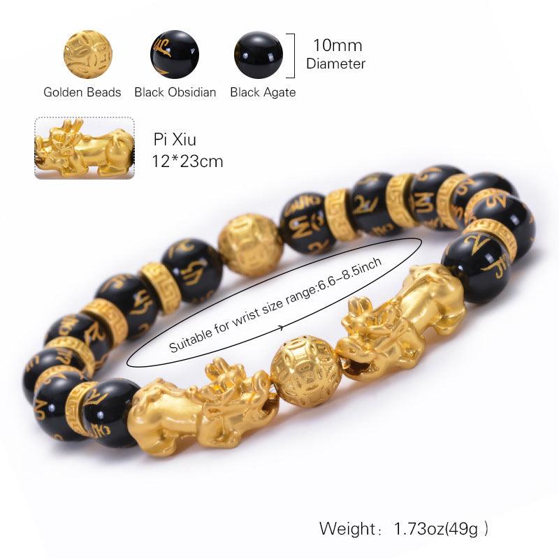 Gold Pixiu bracelet, natural black agate bracelet, six-character Buddha beads. Attract wealth and bless peace. - Oriental Culture Shop