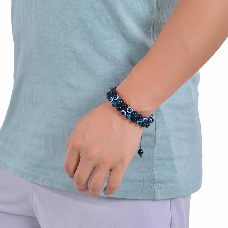 Evil Eye Tiger's Eye and Hematite Double-Layer Braided Bracelet with Natural Stones - Oriental Culture Shop
