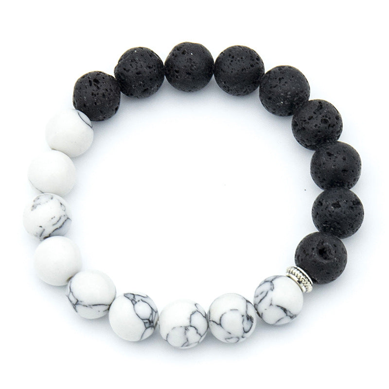 Handmade beaded high stretch black and white couple natural volcanic stone bracelet Oriental Culture Shop