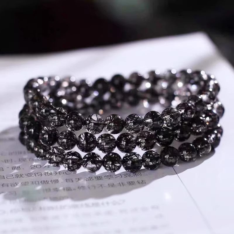 Brazilian Natural Titanium & Black hair Tourmaline Crystal Beaded Bracelet for Men and Women - Single Strand Black Crystal Jewelry - Oriental Culture Shop