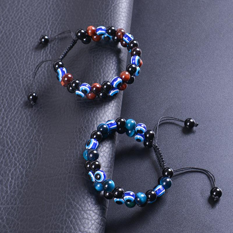 Evil Eye Tiger's Eye and Hematite Double-Layer Braided Bracelet with Natural Stones - Oriental Culture Shop
