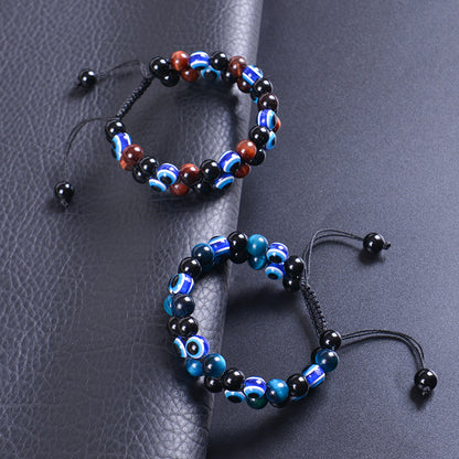 Evil Eye Tiger's Eye and Hematite Double-Layer Braided Bracelet with Natural Stones