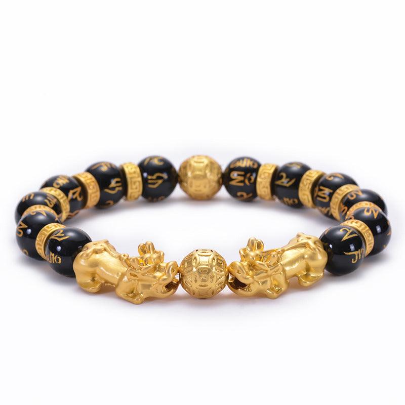 Gold Pixiu bracelet, natural black agate bracelet, six-character Buddha beads. Attract wealth and bless peace. - Oriental Culture Shop