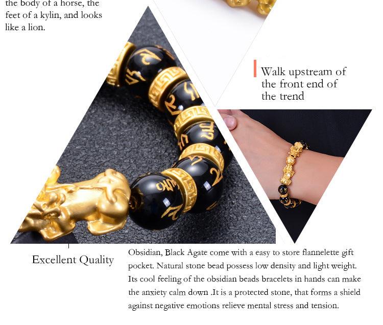 Gold Pixiu bracelet, natural black agate bracelet, six-character Buddha beads. Attract wealth and bless peace. - Oriental Culture Shop