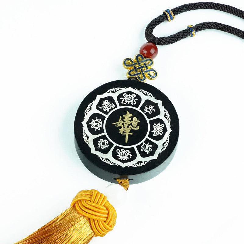 DIY Ebony & Silver Inlaid Buddhist Eight Treasures Car Hanging Ornament with Macassar Ebony and Exquisite Inlay Work - Oriental Culture Shop