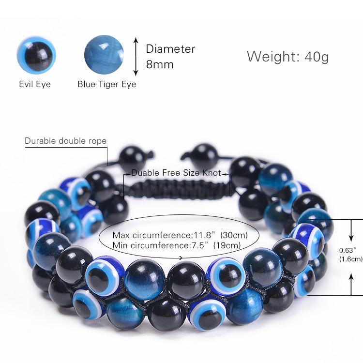 Evil Eye Tiger's Eye and Hematite Double-Layer Braided Bracelet with Natural Stones