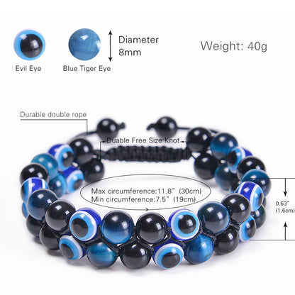 Evil Eye Tiger's Eye and Hematite Double-Layer Braided Bracelet with Natural Stones