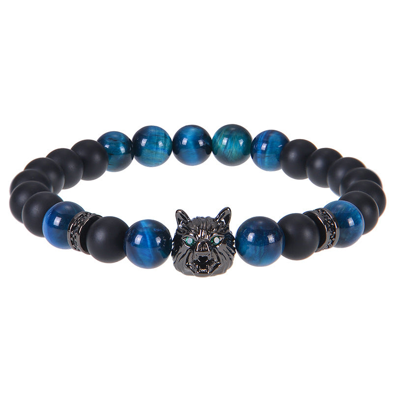 8mm Blue Tiger Eye Bracelet Men's Wolf Head bracelet micro-inset zircon——Bring wealth and vitality Oriental Culture Shop