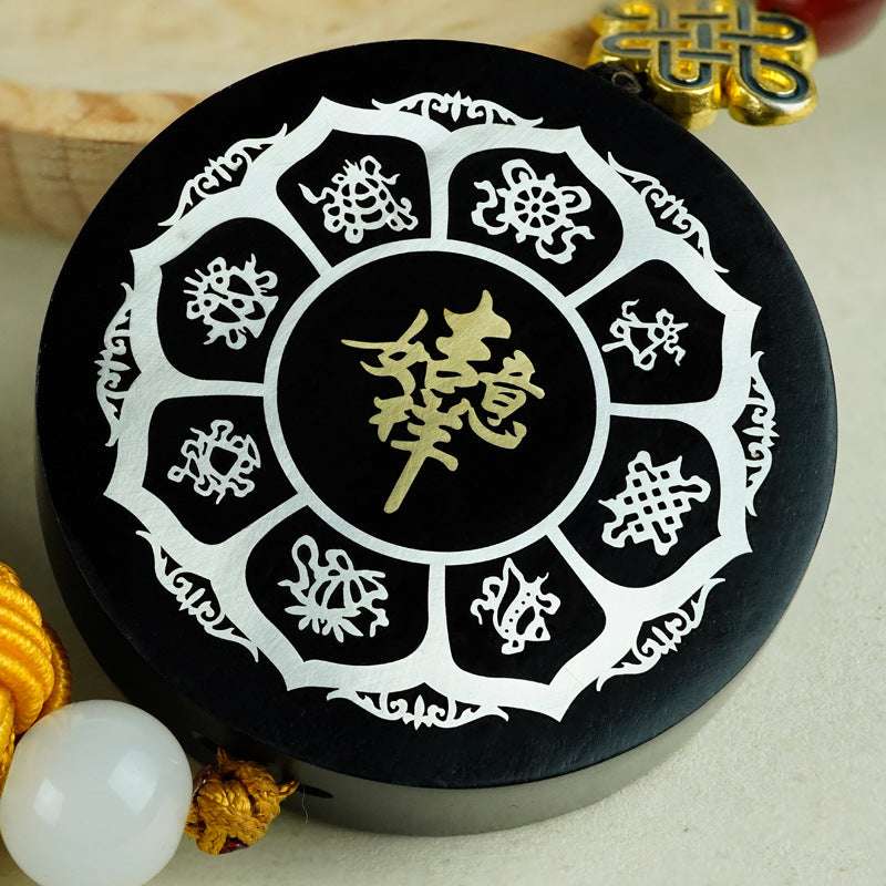 DIY Ebony & Silver Inlaid Buddhist Eight Treasures Car Hanging Ornament with Macassar Ebony and Exquisite Inlay Work - Oriental Culture Shop