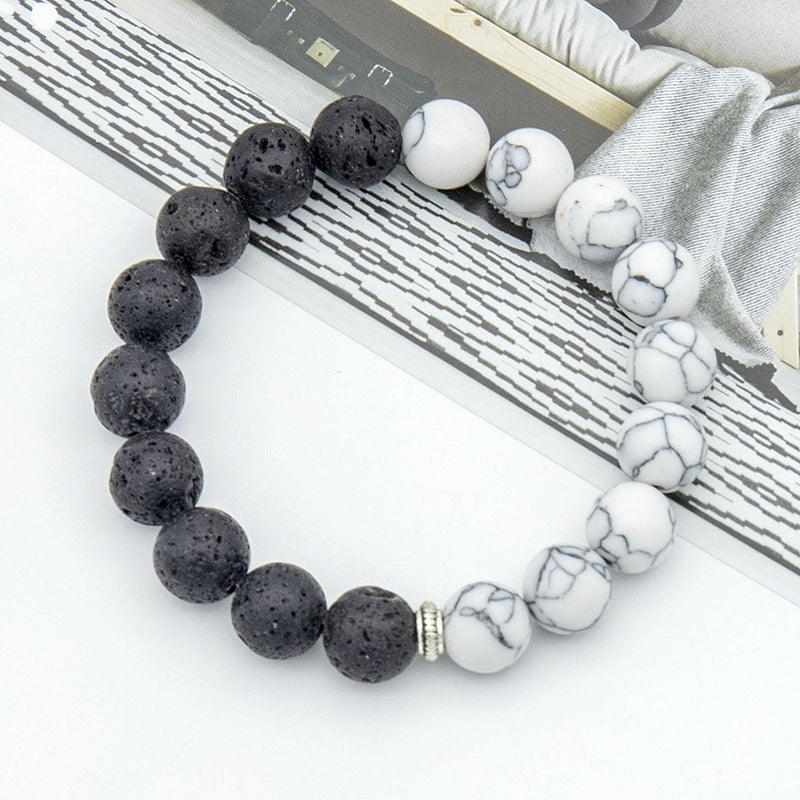 Handmade beaded high stretch black and white couple natural volcanic stone bracelet - Oriental Culture Shop