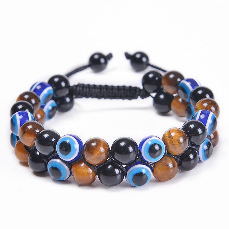 Evil Eye Tiger's Eye and Hematite Double-Layer Braided Bracelet with Natural Stones - Oriental Culture Shop
