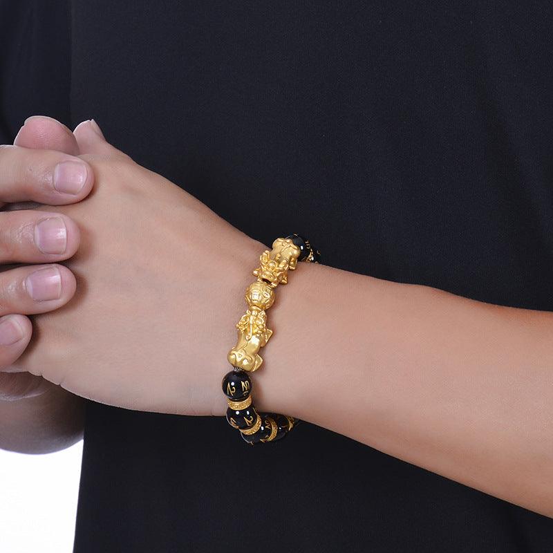 Gold Pixiu bracelet, natural black agate bracelet, six-character Buddha beads. Attract wealth and bless peace. - Oriental Culture Shop