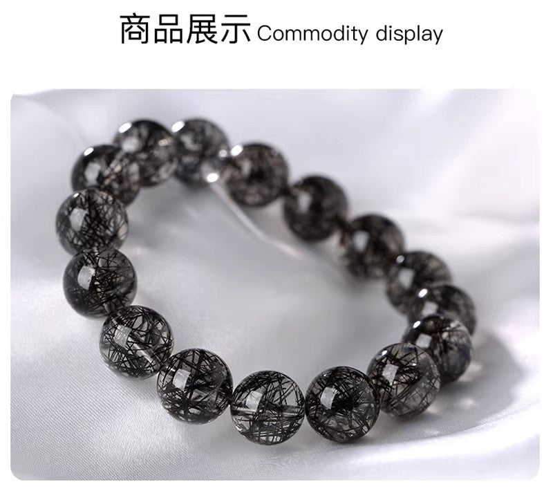 Brazilian Natural Titanium & Black hair Tourmaline Crystal Beaded Bracelet for Men and Women - Single Strand Black Crystal Jewelry - Oriental Culture Shop