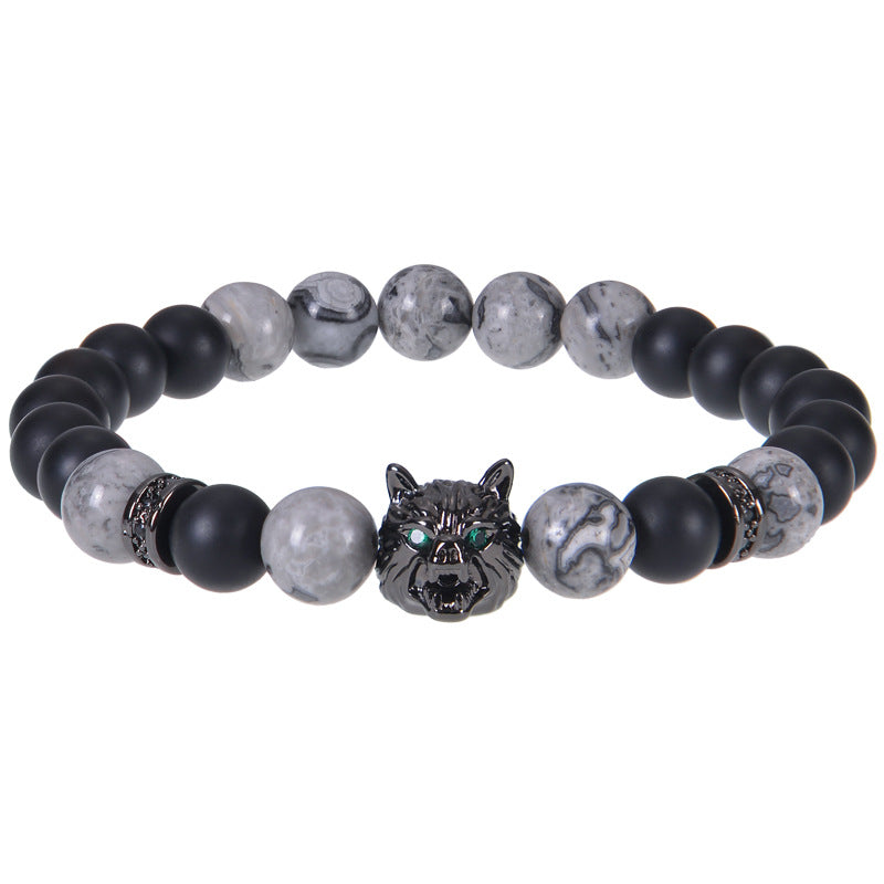 8mm Blue Tiger Eye Bracelet Men's Wolf Head bracelet micro-inset zircon——Bring wealth and vitality Oriental Culture Shop