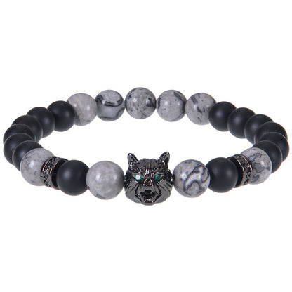 8mm Blue Tiger Eye Bracelet Men's Wolf Head bracelet micro-inset zircon——Bring wealth and vitality Oriental Culture Shop