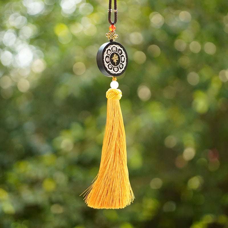 DIY Ebony & Silver Inlaid Buddhist Eight Treasures Car Hanging Ornament with Macassar Ebony and Exquisite Inlay Work - Oriental Culture Shop