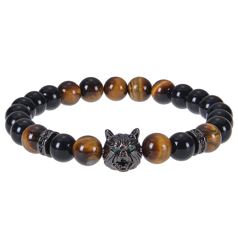 8mm Blue Tiger Eye Bracelet Men's Wolf Head bracelet micro-inset zircon——Bring wealth and vitality Oriental Culture Shop