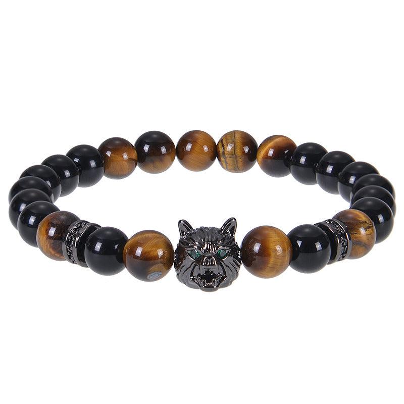 8mm Blue Tiger Eye Bracelet Men's Wolf Head bracelet micro-inset zircon——Bring wealth and vitality - Oriental Culture Shop