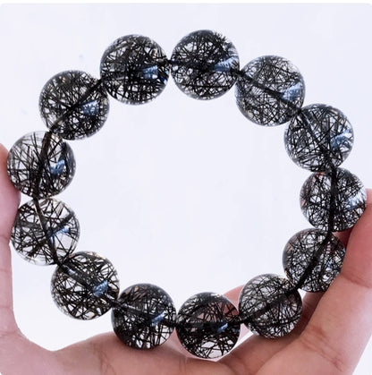 Brazilian Natural Titanium & Black hair Tourmaline Crystal Beaded Bracelet for Men and Women - Single Strand Black Crystal Jewelry